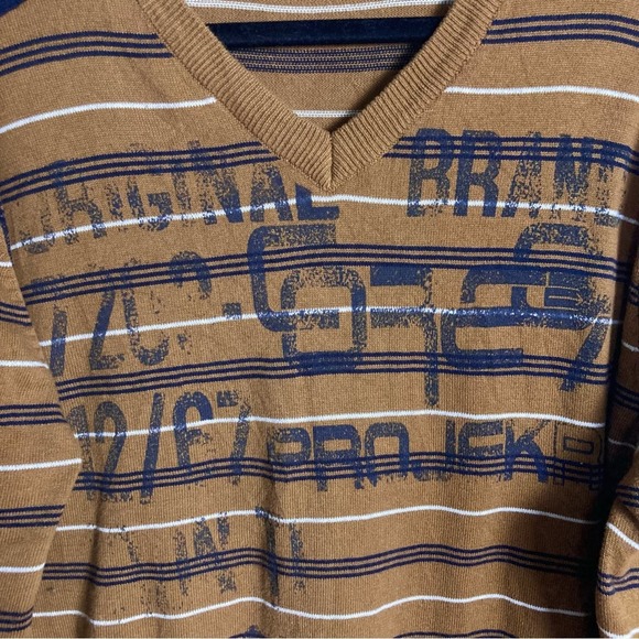 PROJEK RAW sweater brown stripe v-neck graphics lettering spell out extra large - Picture 2 of 11